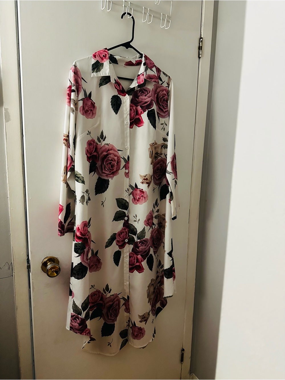 White Floral Button-Down Midi Dress with Pink Rose Print